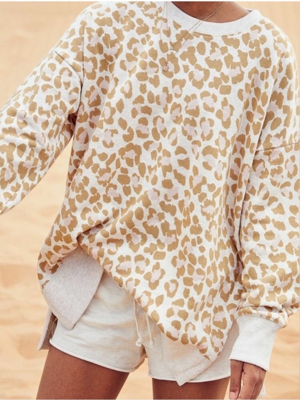 Aerie Leopard Print Oversized Crewneck Beige/Pink Size XS Cozy Loungewear Animal